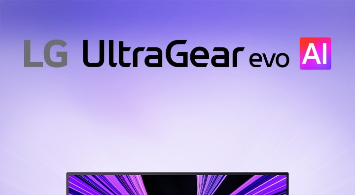 UltraGear™ evo AI logo in a futuristic, neon-lit room.