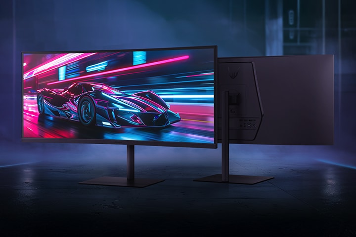 Front and rear view of the UltraGear™ 34G630A gaming monitor, displaying a futuristic racing scene on screen.