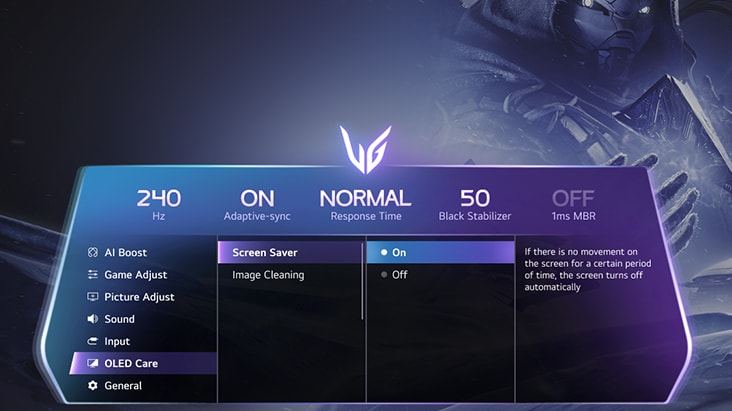 UltraGear gaming monitor (39GX950B) includes OLED Care Screen Saver to help reduce the risk of image retention and burn-in.