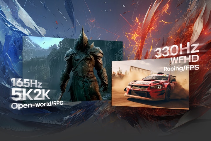 LG UltraGear gaming monitor (45GX950B) with Dual Mode, supporting 165Hz at 5K2K and 330Hz at WFHD for games from RPG to FPS