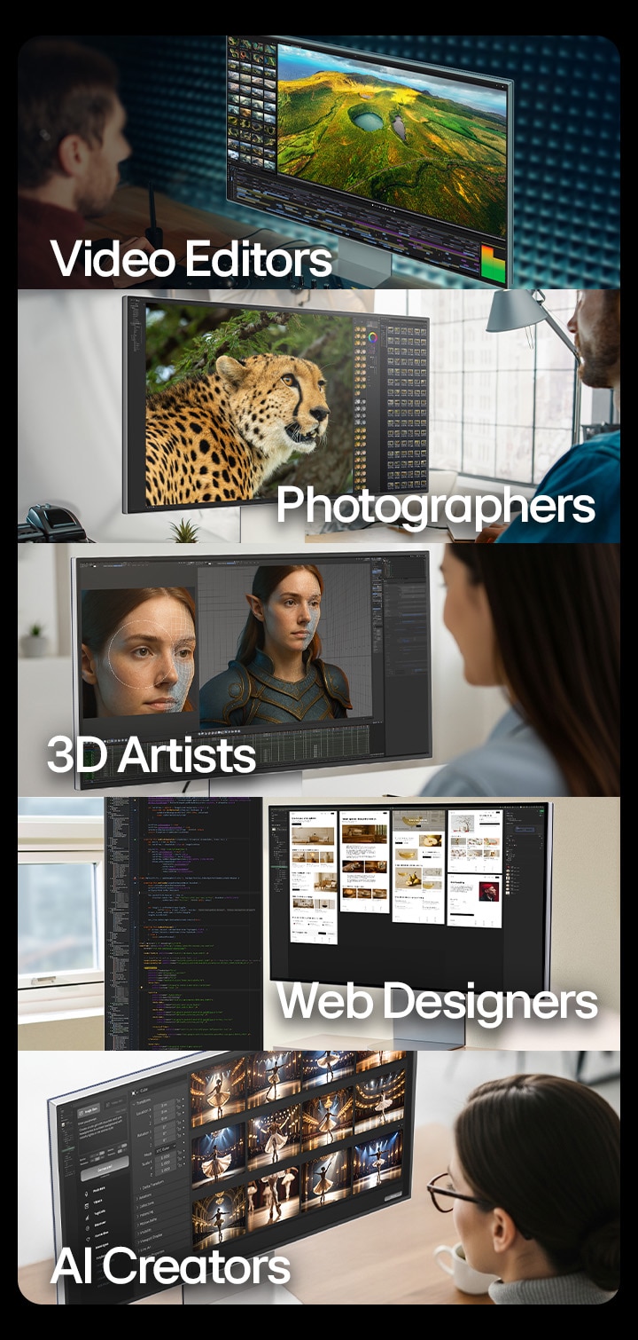 5 images showing various creative workers working on UltraFine monitors using various tools.