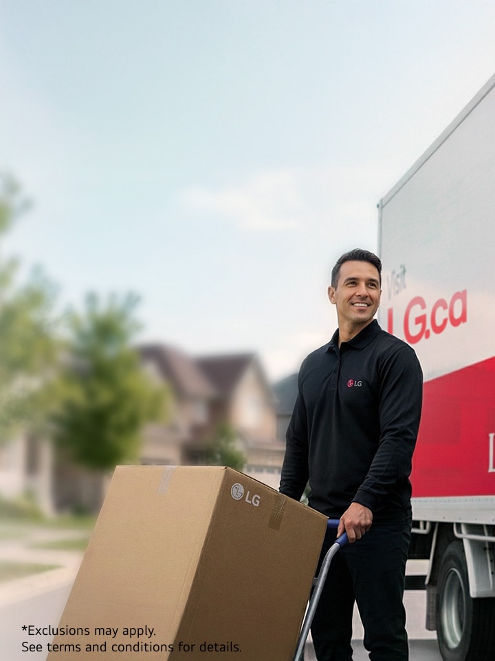 LG professional installer beside the delivery truck with a new appliance package in front of a customer's home