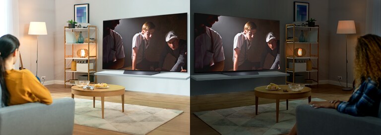 Two images of a woman watching  movie on a large wall mounted TV  from a sofa. The left image is bright, and the right image is a dark room.