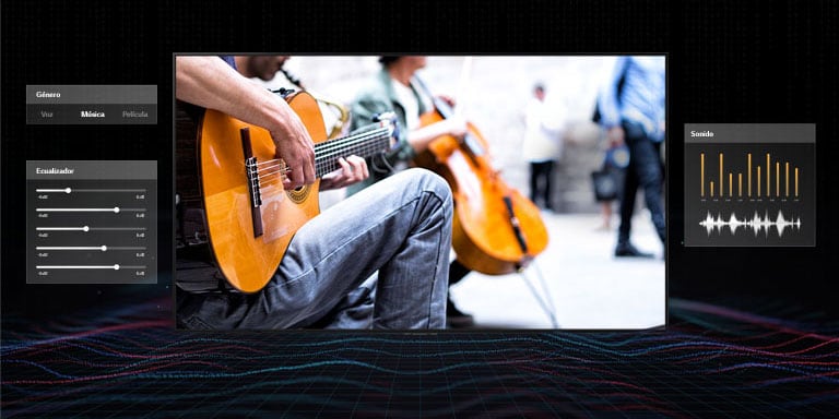 A TV screen showing a man playing a guitar against a dark background. To the side of the TV are different audio settings and in front are colored lines to visualize sound waves.