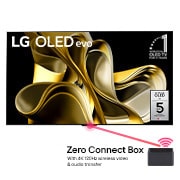 Front view with LG OLED M3 and Zero Connect Box below, 10 Years World No.1 OLED Emblem, LG OLED evo, and 5-Year Panel Warranty logo on screen