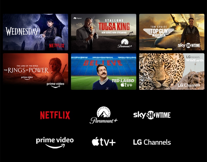 A poster of Wednesday from Netflix, Tulsa King from Paramount+, Top Gun: Maverick from SkyShowtime, The Rings of Power from Prime Video, Ted Lasso from Apple TV Plus, and a still from LG Channels with a leopard in the wild.