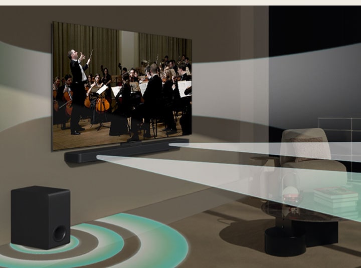 Concert scene is being played on LG TV on the wall. Virtual sound effect is coming out from LG TV, LG Soundbar S40T and its sub woofer simultaneously, showing how WOW Orchestra is created.