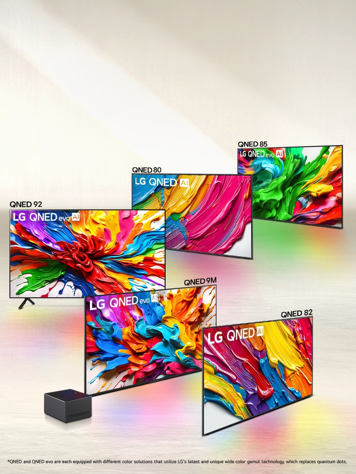 Lineup of five LG QNED evo AI TVs in formation, QNED80, QNED85, QNED92, QNED9M with Zero Connect Box, QNED82 TVs.