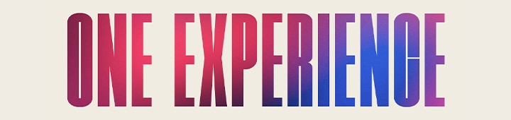 The words 'ONE EXPERIENCE' in a dark pink and purple gradient pattern.