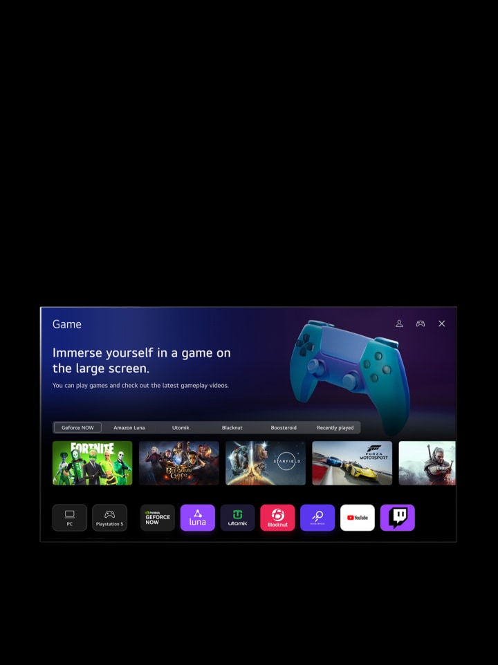 Le curseur clique sur Sports. L’écran passe alors fluidement à la page d’accueil Sports et affiche le texte « Register your favorite team/player for more information about league standing, game schedules or any other updates » (enregistrez votre équipe ou vos joueurs préférés pour obtenir plus de renseignements sur le classement de la ligue, les horaires des matchs ou toute autre mise à jour) ainsi que « Popular league list » (liste des ligues populaires). Cinq vignettes sont affichées : Soccer, Basketball, Baseball, Cricket et Hockey. L’écran s’estompe. Le curseur clique sur « Game » (jeu). L’écran passe fluidement à la page d’accueil Jeu et affiche le texte « Immerse yourself in a game on the large screen. You can play games and check out the latest gameplay videos » (plongez dans le jeu sur grand écran; vous pouvez jouer à des jeux et regarder les dernières vidéos de jeux.). L’image montre les boutons Geforce NOW, Amazon Luna, Utomik, Blacknut, Boosteroid et Recently played (joués récemment). Les logos suivants sont affichés :