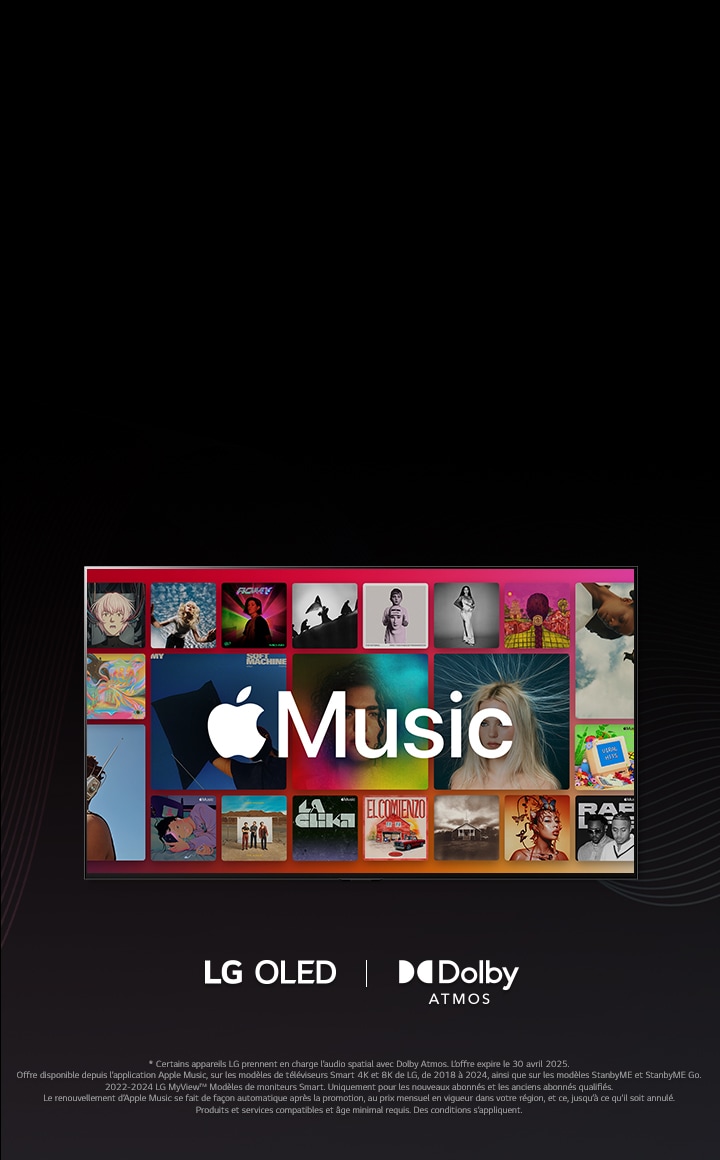 Une grille d’albums avec le logo Apple Music en surimpression, et les logos LG OLED et Dolby Atmos en dessous.