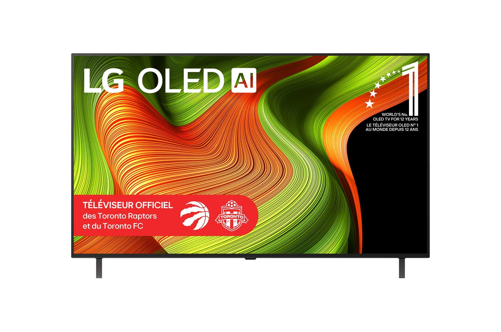 Vue avant du téléviseur Smart LG OLED AI B5 4K. L’emblème OLED 12 ans numéro 1 mondial et le logo LG OLED AI 2025 apparaissent sur l’écran.