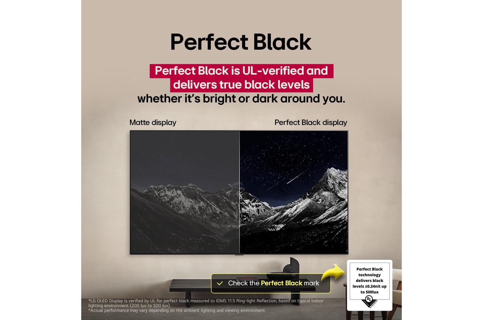 Salle de séjour équipée d’un LG OLED TV fixé au mur. Le téléviseur montre une chaîne de montagnes sur fond de ciel sombre et étoilé. Cette scène est divisée en deux pour montrer comment des Noirs parfaits offrent des niveaux de noir authentiques, qu’il fasse clair ou sombre autour de vous. L’une des faces de la scène présente une version plus terne et grise du paysage étiqueté « Matte display ». De l’autre côté, l’image est plus agréable, avec une plus grande gamme dynamique de noirs et de blancs. Il s’agit de l’affichage « Perfect Black » (Noirs parfaits). La certification du logo est également visible, la technologie Noirs parfaits offre des niveaux de noir inférieurs ou égaux à 0,24 nit jusqu’à 500 lux. Une bulle de texte se trouve juste à côté et indique qu’il faut vérifier la marque de certification Noirs parfaits.