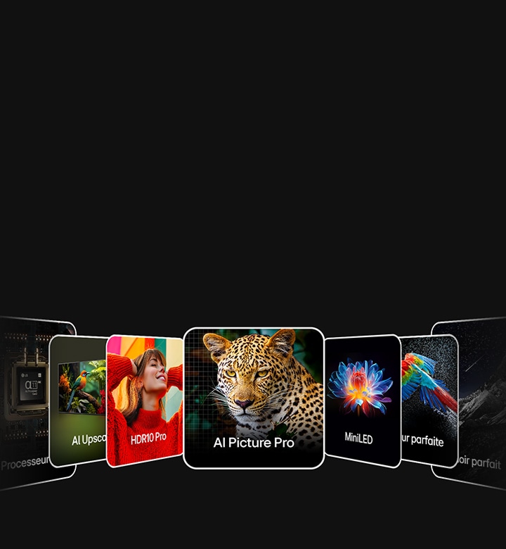 Cartes de fonctionnalités LG TV affichant des images symbolisant le Processeur AI, la qualité d’image, la luminosité et la performance des couleurs.