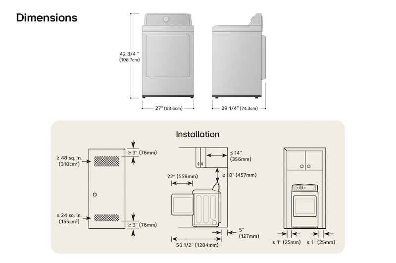 Schéma technique de dimensions et d'installation du sèche-linge LG : 27 po (68,6 cm) de largeur, 42 3/4 po (108,7 cm) de hauteur, 29 1/4 po (74,3 cm) de profondeur et 50 1/2 po (1284 mm) porte ouverte, avec dégagements et exigences de ventilation requis.
