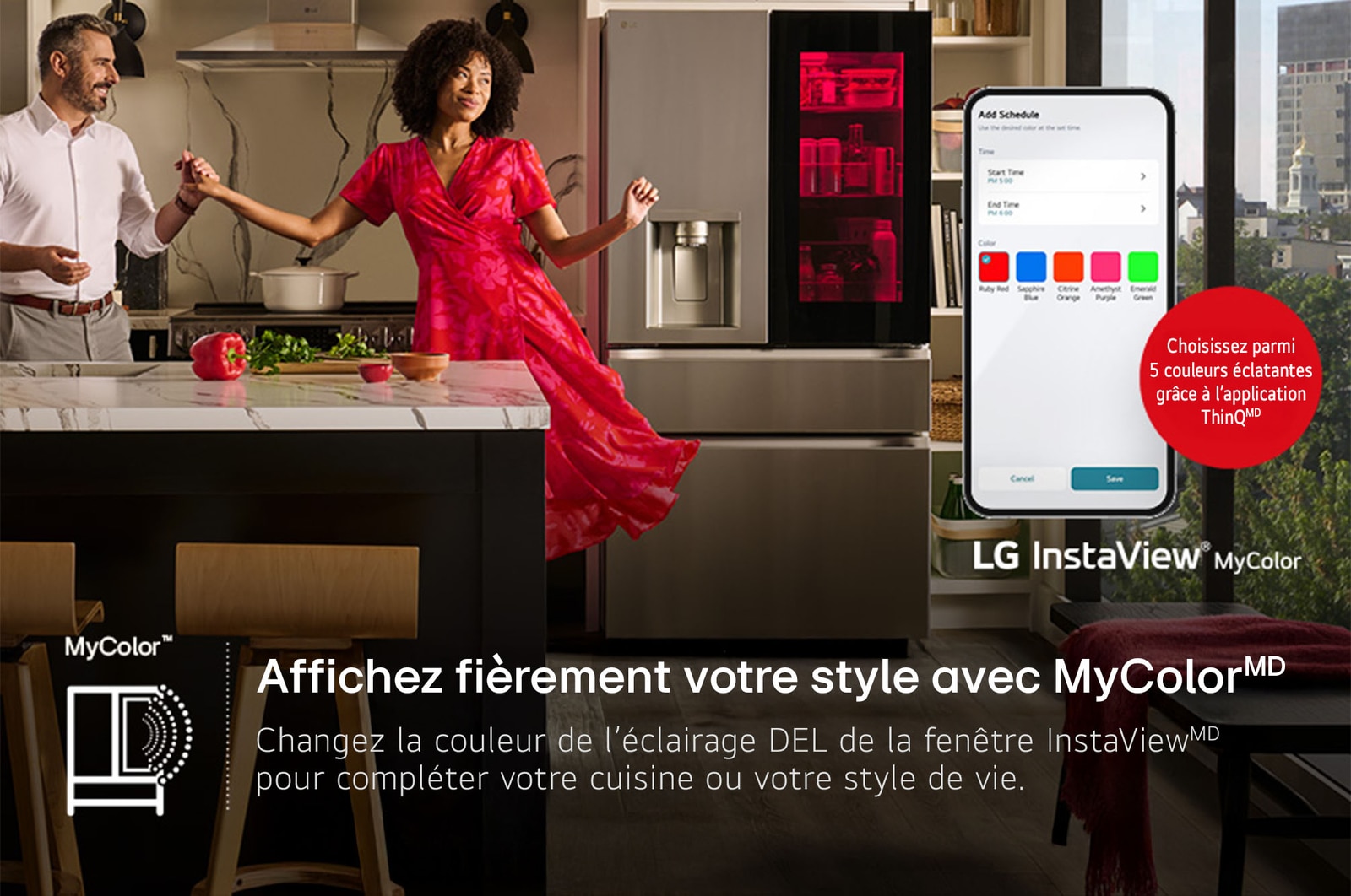 La fonction InstaView® MyColor™ du réfrigérateur LG LF29S8365S, montrant la lumière du panneau personnalisée via l'application ThinQ® avec 5 options de couleur.