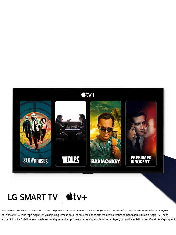 Une image du téléviseur OLED de LG s’affiche. Les contenus Apple TV+ s’affichent sur l’écran avec l’intitulé « Obtenez 3 mois d’abonnement gratuit à Apple TV+ sur les téléviseurs Smart de LG. »