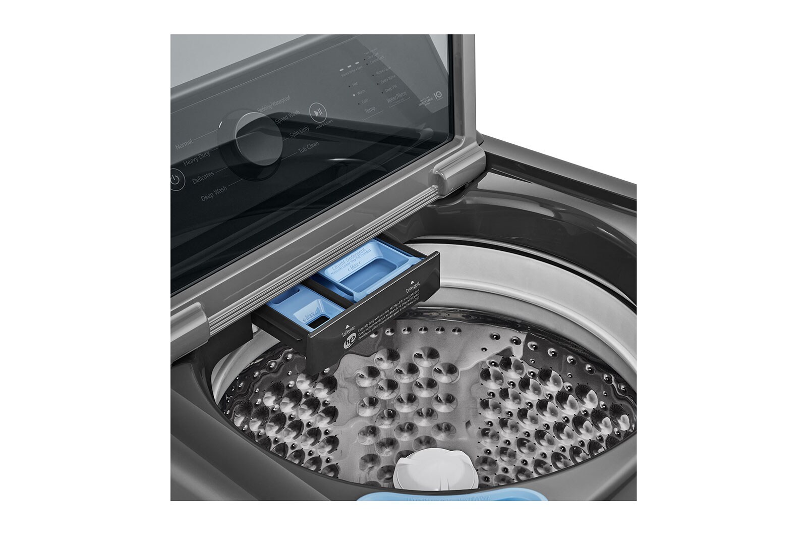 Vue du plateau de distribution du détergent et du liquide