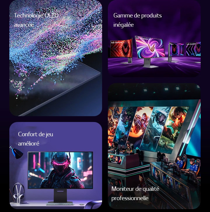 Une image présente les principales caractéristiques du moniteur de jeu OLED de LG : technologie OLED avancée, gamme de produits inégalée, confort de jeu amélioré, moniteur de qualité professionnelle.