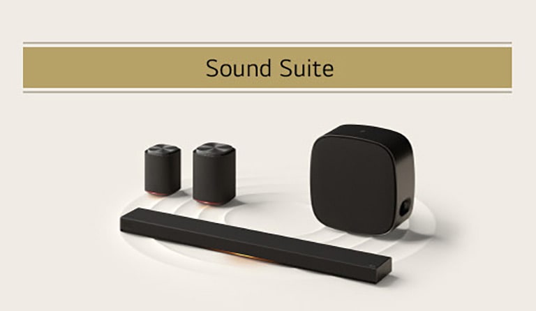Système Sound Suite de LG composé d’une barre de son noire, de deux haut-parleurs et d’un caisson de basses connectés sans fil.