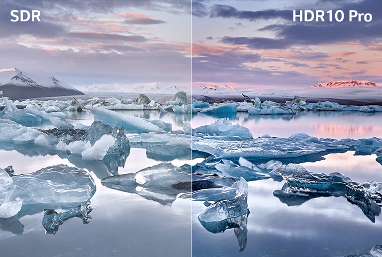 Une image montre un groupe d’icebergs et le ciel; la moitié gauche de l’image semble être terne et les couleurs moins vives, tandis que la moitié droite de l’image semble plus éclatante avec plus de couleurs. Le coin supérieur gauche indique « SDR » et le coin supérieur droit indique « HDR10 Pro ».