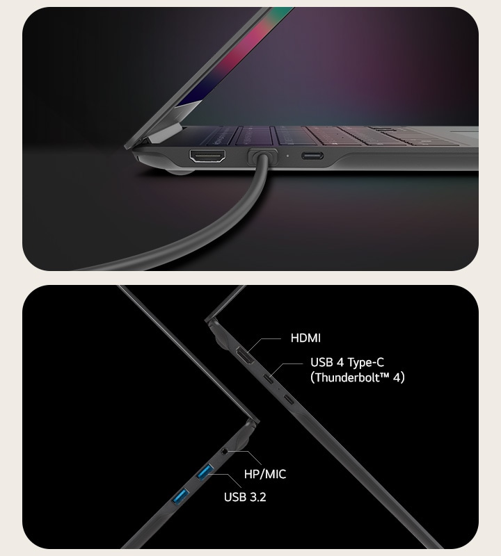 HDMI, USB 4 Type-C (ThunderboltMC 4), HP/MIC, USB 3.2.