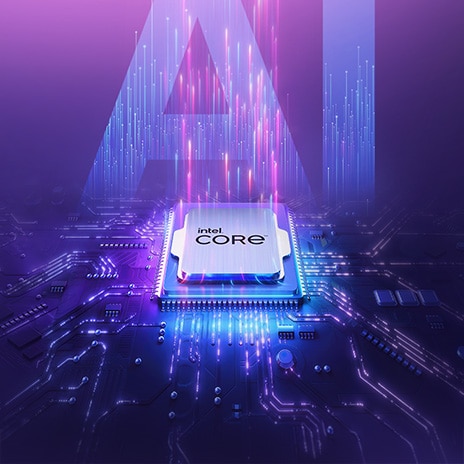The image features an Intel Core processor set against a vibrant, futuristic background with shades of purple and blue. The large, semi-transparent letters "AI" are prominently displayed in the background, reinforcing the focus on artificial intelligence.