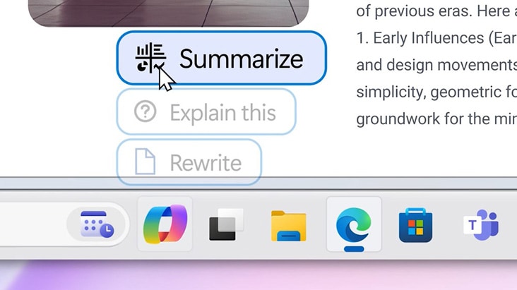 The image shows a cursor hovering over a "Summarize" button in a digital assistant interface. Below are options like "Explain this" and "Rewrite." The image shows a cursor hovering over a "Summarize" button in a digital assistant interface. Below are options like "Explain this" and "Rewrite."
