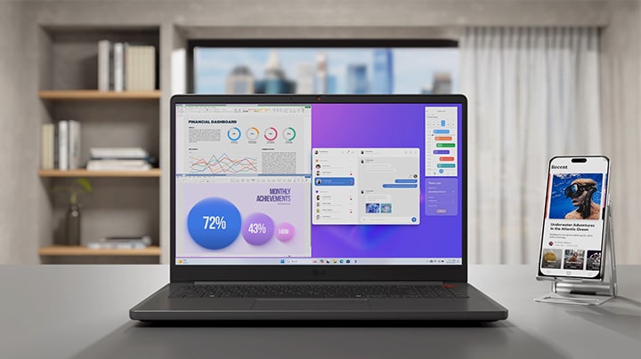 The video highlights the versatility of the laptop, showcasing its ability to handle various tasks seamlessly across different environments.