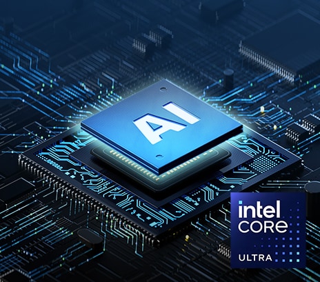 L'image présente un gros plan d'une puce informatique avec "IA" mis en évidence au centre, entourée d'un circuit imprimé lumineux. Le texte en haut indique : "Processeur optimisé par l'IA", tandis que le logo Intel Core Ultra est affiché en bas à droite, soulignant les capacités avancées de traitement par intelligence artificielle.
