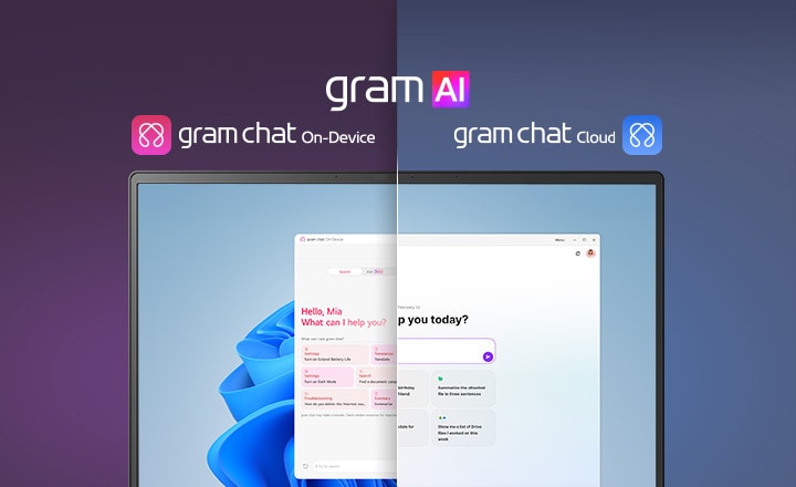 Une image en écran partagé mettant en avant « gram AI » avec deux modes distincts : « gram chat On-Device » à gauche, représenté par une icône rose, et « gram chat Cloud » à droite, représenté par une icône bleue. L’écran affiche une interface IA, illustrant une expérience fluide et optimisée de l’intelligence artificielle à travers les deux modes.