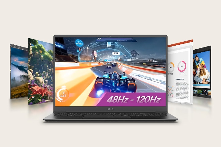 Une animation montre un ordinateur portable affichant une scène de jeu de course automobile à l'écran, avec un texte mis en évidence '48Hz - 120Hz', entouré d'écrans supplémentaires présentant des visuels divers. Cette configuration met en valeur la polyvalence des jeux et des multimédias avec un taux de rafraîchissement variable.