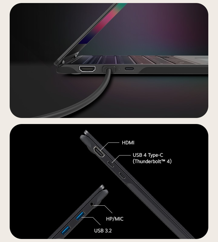 HDMI, USB 4 Type-C (ThunderboltMC 4), HP/MIC, USB 3.2.	
