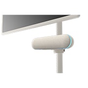 Gros plan sur la vue à un angle de 45 degrés du haut-parleur fixé sur le StanbyME de LG, avec éclairage d’ambiance menthe activé