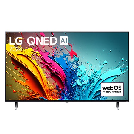 Vue avant du téléviseur intelligent 4K LG QNED AI QNED85 de 50 pouces 2024 modèle 50QNED85TUA, affichant le logo du programme webOS Re:New à l’écran avec socle à 2 pôles.