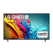 Vue avant du téléviseur intelligent 4K LG QNED AI QNED85 de 50 pouces 2024 modèle 50QNED85TUA, affichant le logo du programme webOS Re:New à l’écran avec socle à 2 pôles.