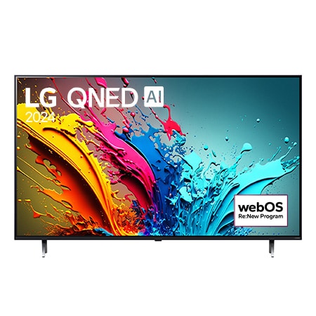 Vue avant du téléviseur intelligent 4K LG QNED AI QNED85 de 75 pouces 2024 modèle 75QNED85TUA, affichant le logo du programme webOS Re:New à l’écran avec socle à 2 pôles.