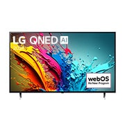 Vue avant du téléviseur intelligent 4K LG QNED AI QNED85 de 75 pouces 2024 modèle 75QNED85TUA, affichant le logo du programme webOS Re:New à l’écran avec socle à 2 pôles.