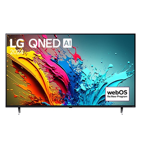 Vue avant du téléviseur intelligent 4K LG QNED AI QNED85 de 86 pouces 2024 modèle 86QNED85TUA, affichant le logo du programme webOS Re:New à l’écran avec socle à 2 pôles.