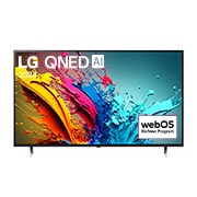 Vue avant du téléviseur intelligent 4K LG QNED AI QNED85 de 86 pouces 2024 modèle 86QNED85TUA, affichant le logo du programme webOS Re:New à l’écran avec socle à 2 pôles.