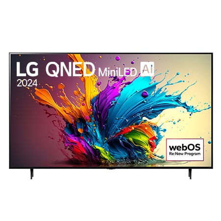 Vue de face du téléviseur QNED MiniDEL de LG, modèle QNED90, avec la mention LG QNED, 2024 et le logo webOS Re:New Program affichés à l’écran