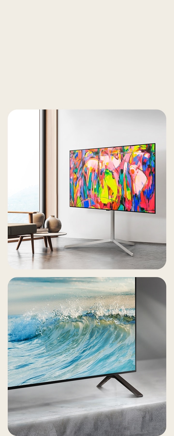 Un coin inférieur du téléviseur OLED de LG, modèle OLED B4, repose sur une surface en marbre. Une vague bleu pâle s’affiche à l’écran.   Le téléviseur OLED de LG, modèle OLED B4, sur pied dans un espace minimaliste. 