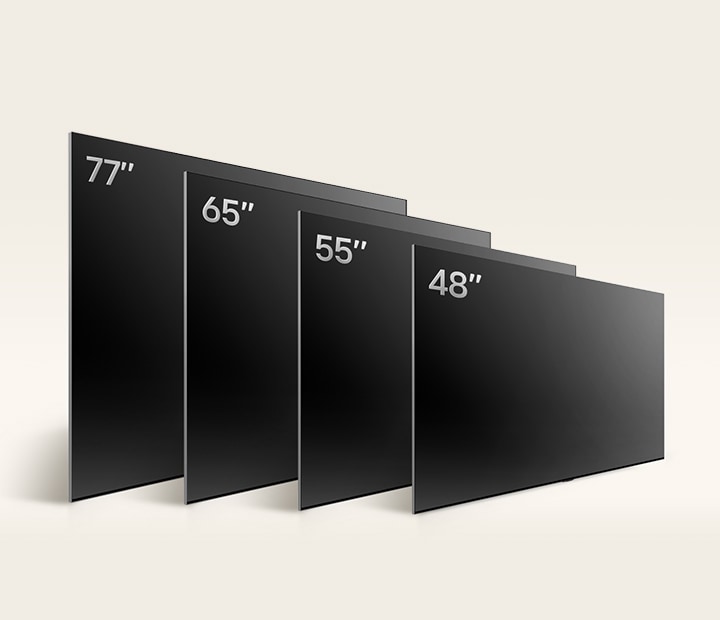 Comparaison des téléviseurs OLED et OLED B4 de LG en différentes tailles, dont l’OLED B4 de 48 po, l’OLED B4 de 55 po, l’OLED B4 de 65 po et l’OLED B4 de 77 po.