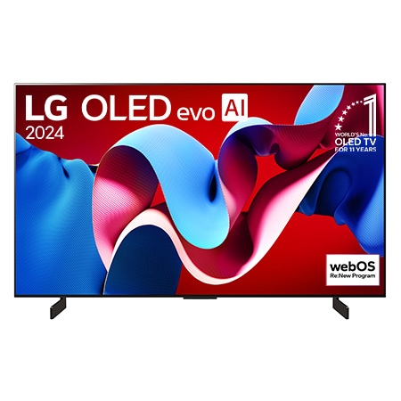 Vue de face du téléviseur LG OLED evo AI C4 avec le logo de l’emblème OLED, numéro 1 mondial depuis 11 ans et le logo du programme webOS Re:New sur l’écran
