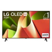 Vue avant du téléviseur intelligent 4K LG OLED AI B4 de 48 pouces 2024 modèle OLED48B4PUA, affichant l’emblème OLED numéro 1 mondial depuis 11 ans et le logo du programme webOS Re:New à l’écran avec socle à 2 pôles.