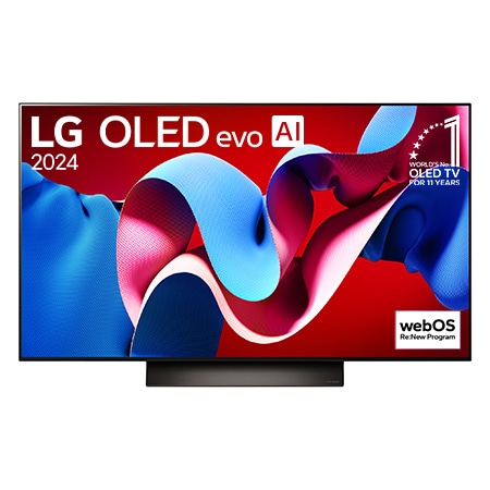 Vue de face du téléviseur LG OLED evo AI C4 avec le logo de l’emblème OLED, numéro 1 mondial depuis 11 ans et le logo du programme webOS Re:New sur l’écran