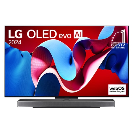 Vue de face du téléviseur LG OLED evo AI C4 avec le logo de l’emblème OLED, numéro 1 mondial depuis 11 ans et le logo du programme webOS Re:New sur l’écran