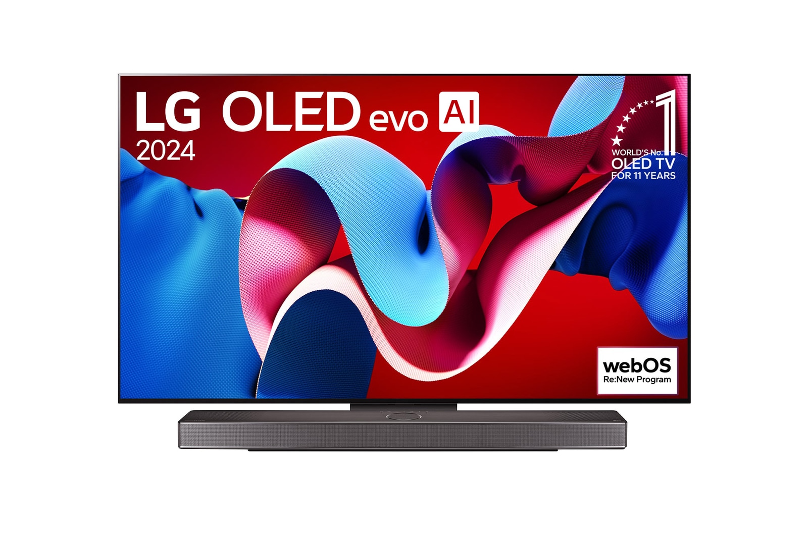 Vue de face du téléviseur LG OLED evo AI C4 avec le logo de l’emblème OLED, numéro 1 mondial depuis 11 ans et le logo du programme webOS Re:New sur l’écran