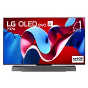 Vue de face du téléviseur LG OLED evo AI C4 avec le logo de l’emblème OLED, numéro 1 mondial depuis 11 ans et le logo du programme webOS Re:New sur l’écran