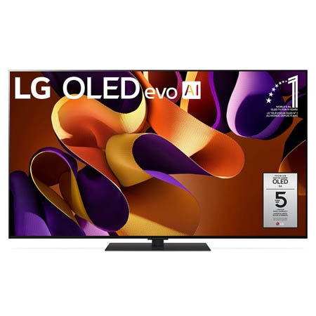 Vue avant du téléviseur intelligent 4K LG OLED evo AI G4 de 55 pouces 2024 modèle OLED55G4SUB, affichant emblème de la marque de téléviseurs OLED la plus populaire au monde depuis 11 ans et logo de la garantie de cinq ans du panneau à l'écran